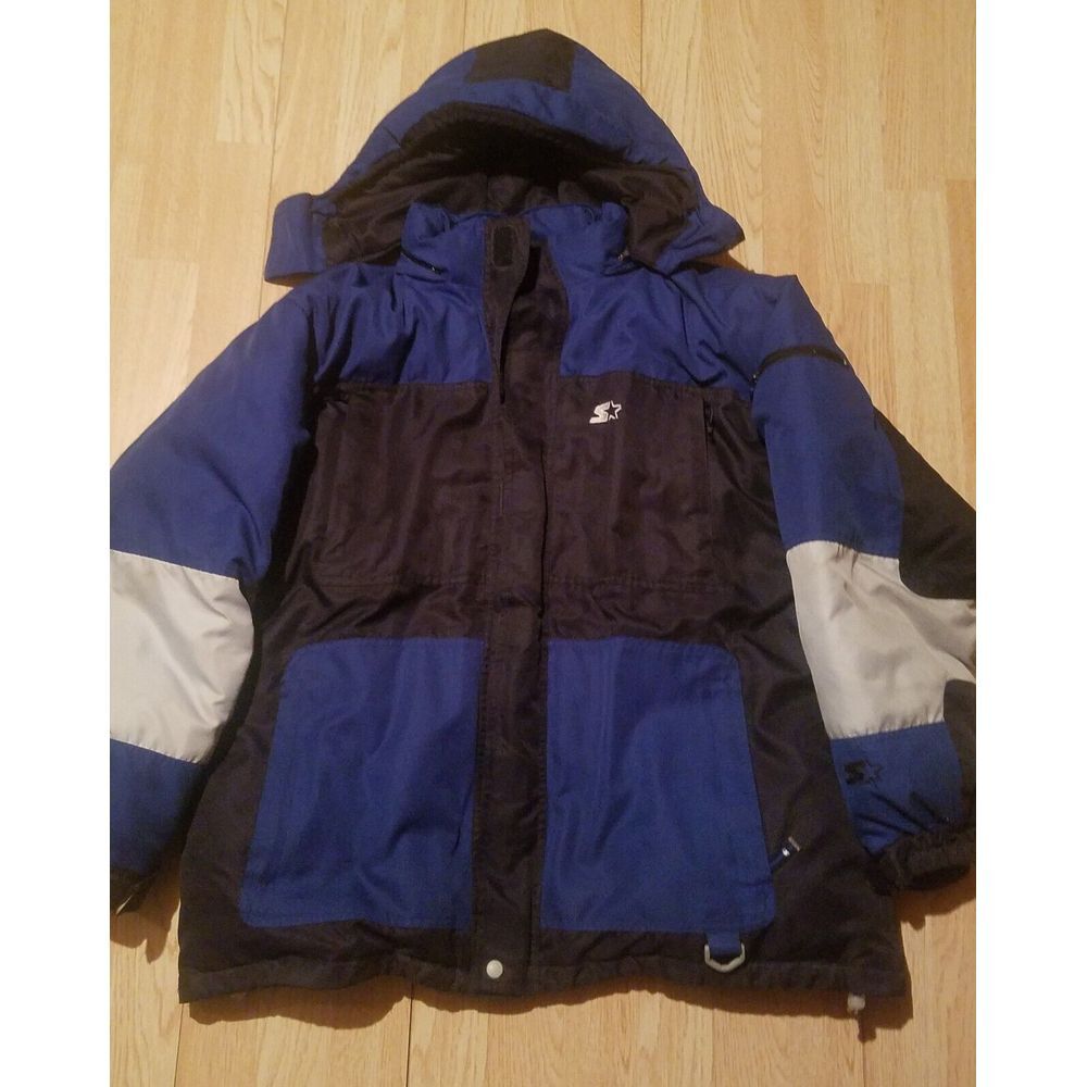 STARTER Mens Large Heavy Duty Layered Down Winter Coat Blue Navy White